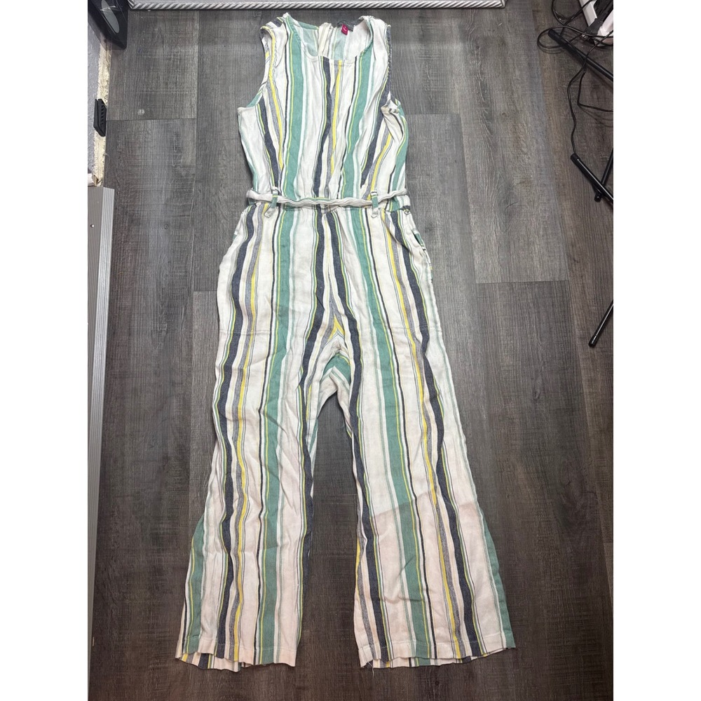 Vince Camuto Striped Sleeveless Wide Leg Jumpsuit Green Navy Yellow Small